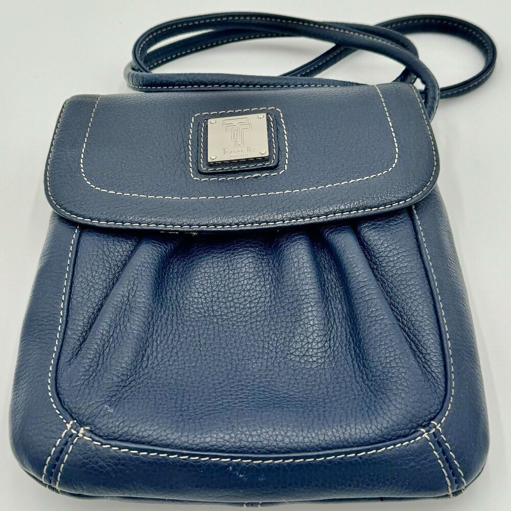 Tignanello Navy Blue Pebbled Leather Small Crossbody Purse Travel Flap Zippers